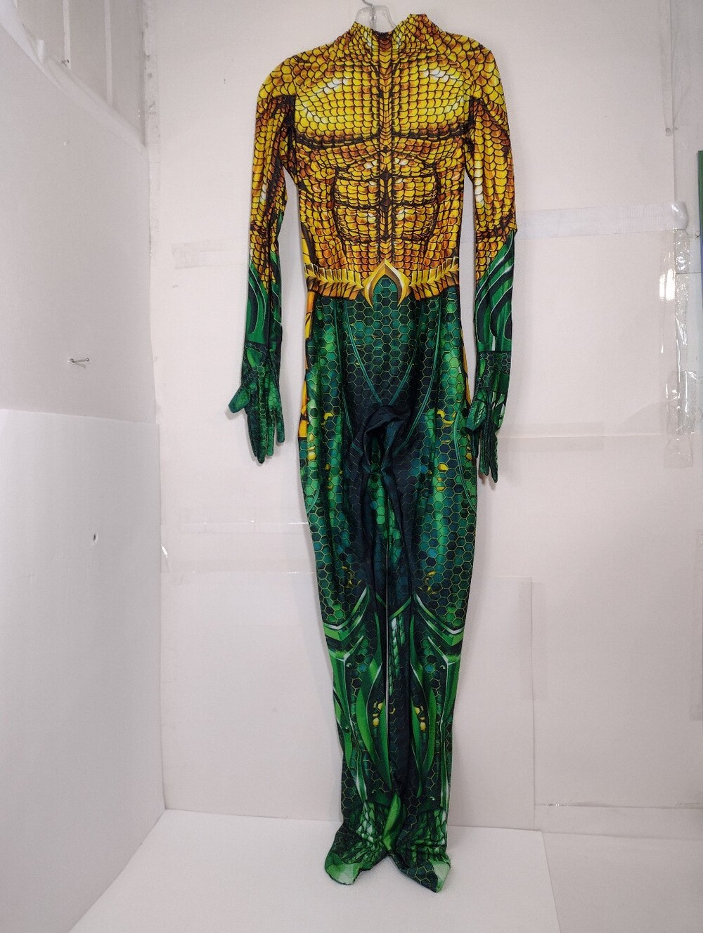 Aquaman One Piece Suit Green and Yellow Reptile-Pattern Full Body Costume (XL)